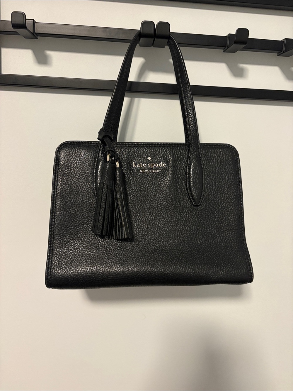 kate spade Black Pebbled Leather Tote with Tassel Charm